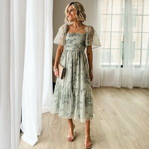 Abercrombie and Fitch Emerson Angel Sleeve Midi Dress Green Floral